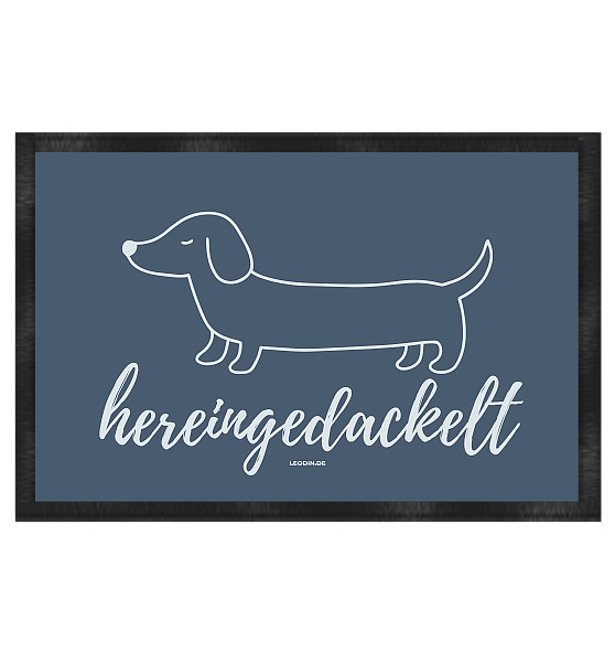 Hunde Fußmatte hereingedackelt Graublau mit stilisiertem Dackelmotiv