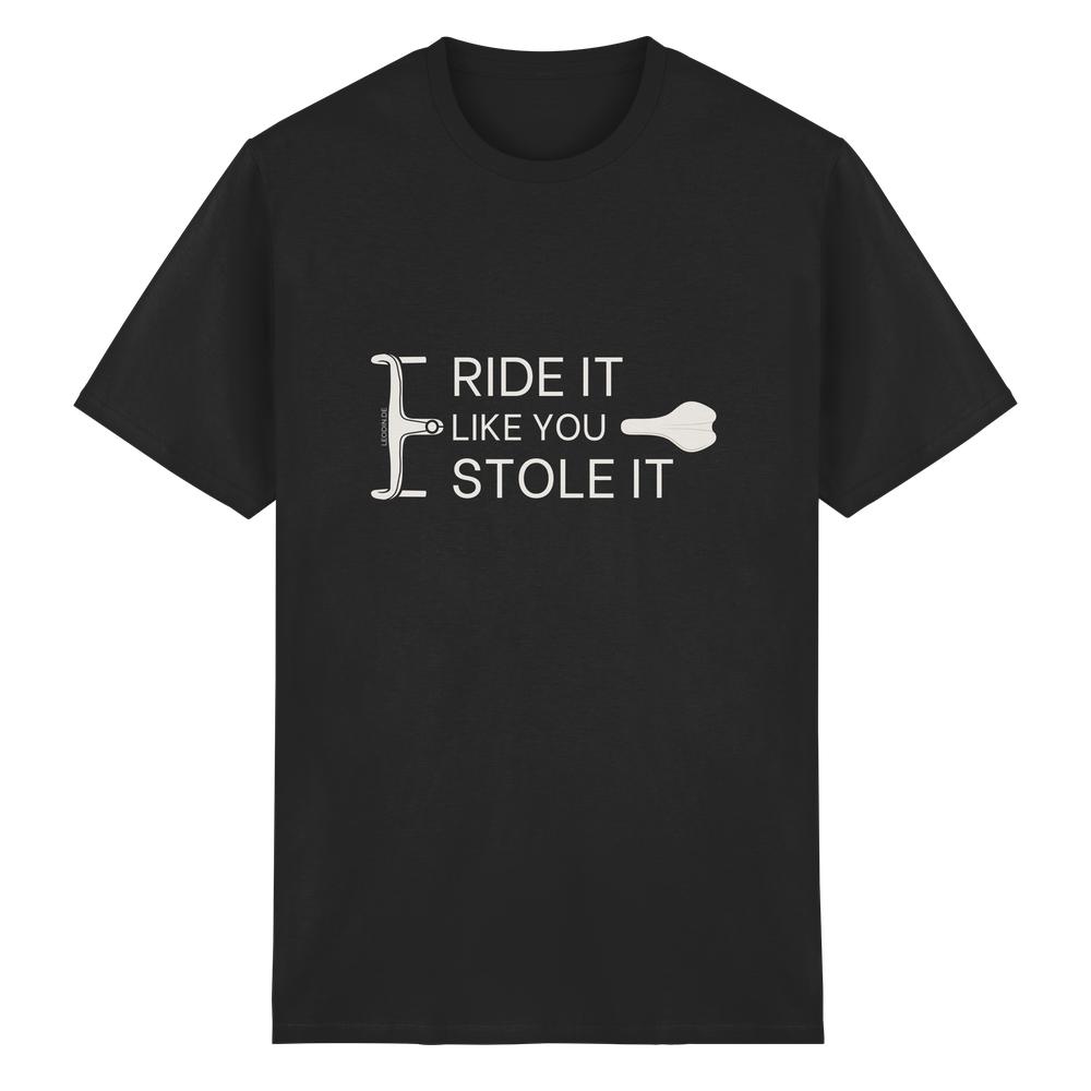 Schwarzes Fahrrad T-Shirt unisex mit „Ride it like you stole it“ Spruch und minimalistischen Bike Grafiken