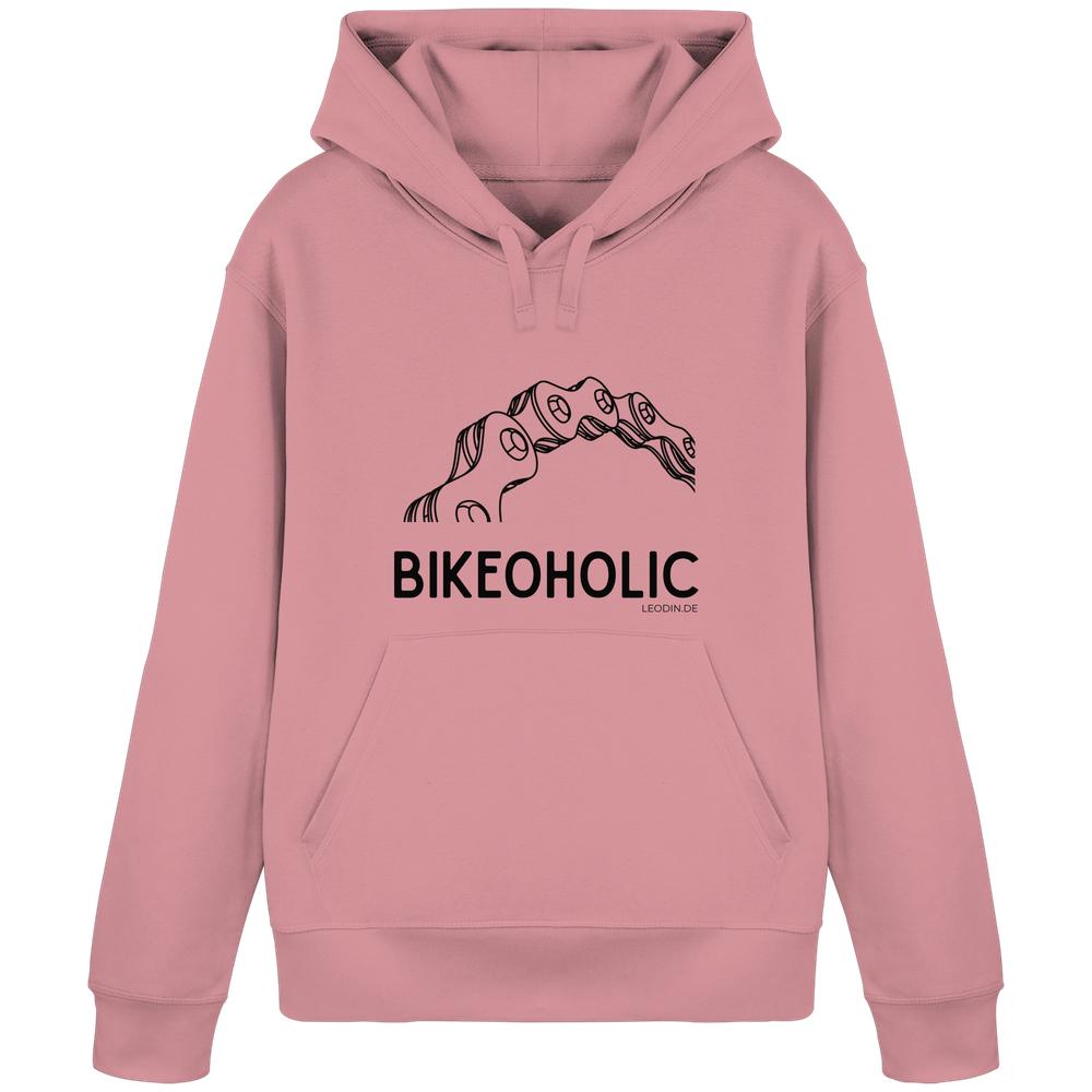 Rosa Fahrrad Hoodie unisex mit stylischer Fahrradkette und Bikeoholic Schriftzug