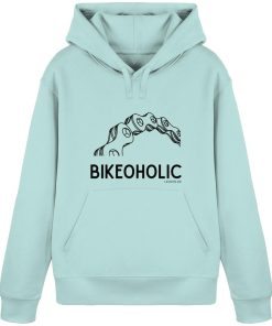 Türkisblauer Bike Hoodie unisex mit „Bikeoholic“ Statement und Fahrradmotiv