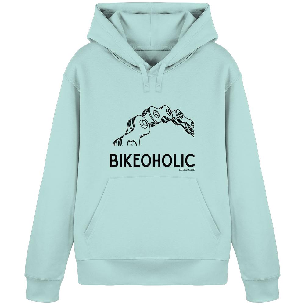 Türkisblauer Bike Hoodie unisex mit „Bikeoholic“ Statement und Fahrradmotiv