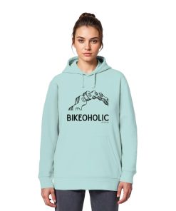 Weibliches Model trägt türkisblauen Bike Hoodie unisex mit „Bikeoholic“ Statement und Fahrradmotiv