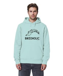 Männliches Model trägt türkisblauen Bike Hoodie unisex mit „Bikeoholic“ Statement und Fahrradmotiv