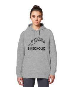 Weibliches Model trägt grauen Fahrrad Hoodie unisex mit Bikeoholic Print