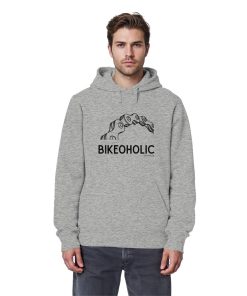 Männliches Model trägt grauen Cycling Hoodie unisex mit Bikeoholic Schriftzug