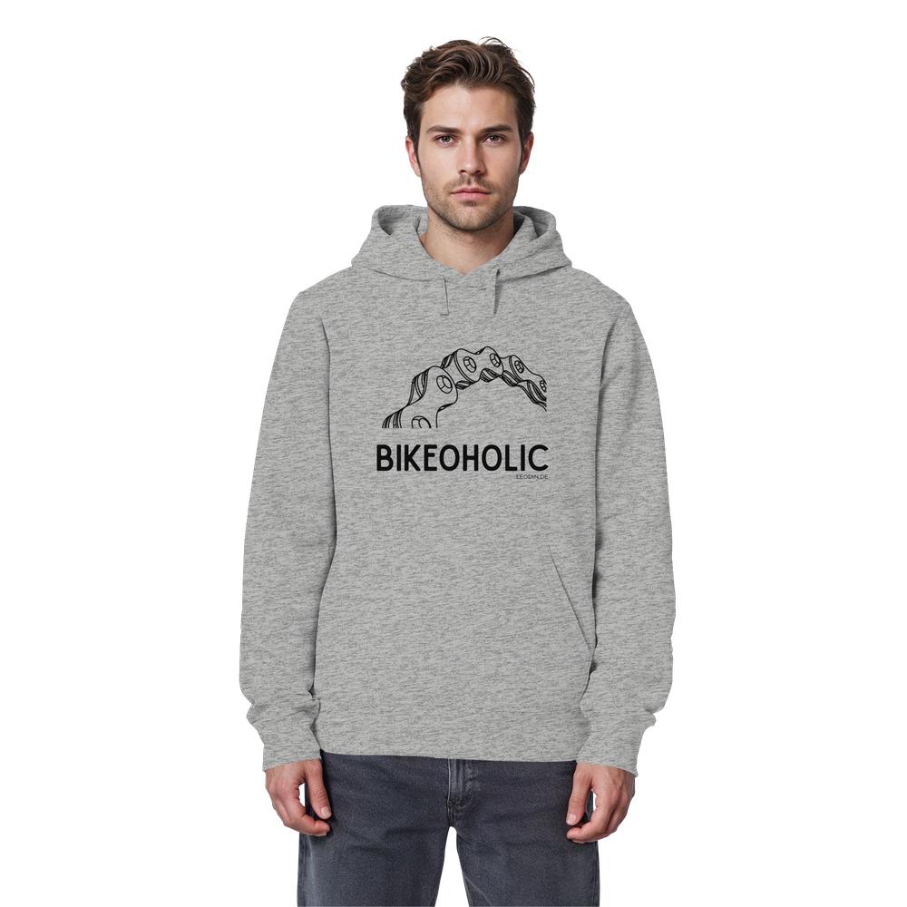 Männliches Model trägt grauen Cycling Hoodie unisex mit Bikeoholic Schriftzug
