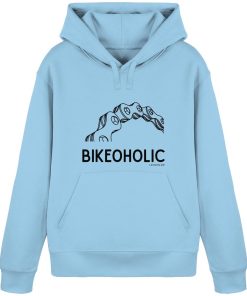 Hellblauer Fahrrad Hoodie unisex mit Bikeoholic Print und stilisierter Fahrradkette