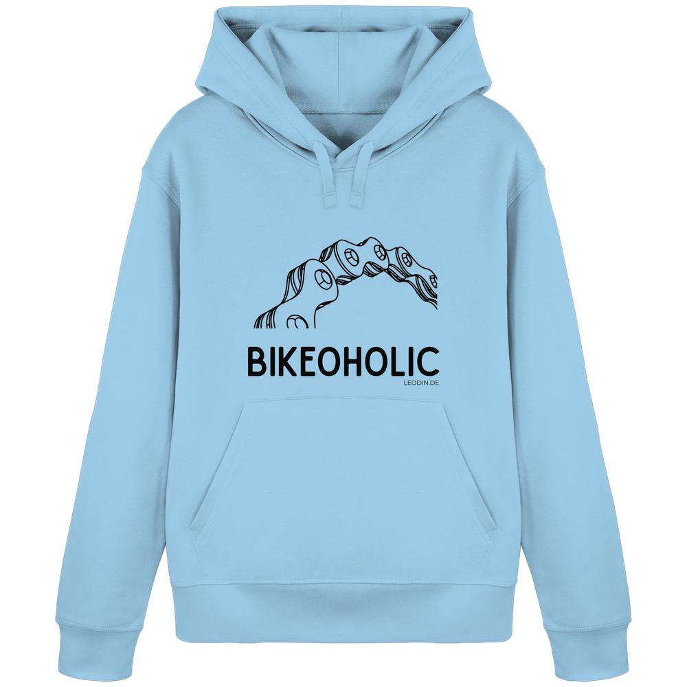 Hellblauer Fahrrad Hoodie unisex mit Bikeoholic Print und stilisierter Fahrradkette