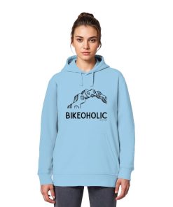 Weibliches Model trägt hellblauen Bike Hoodie mit minimalistischem Fahrrad Design