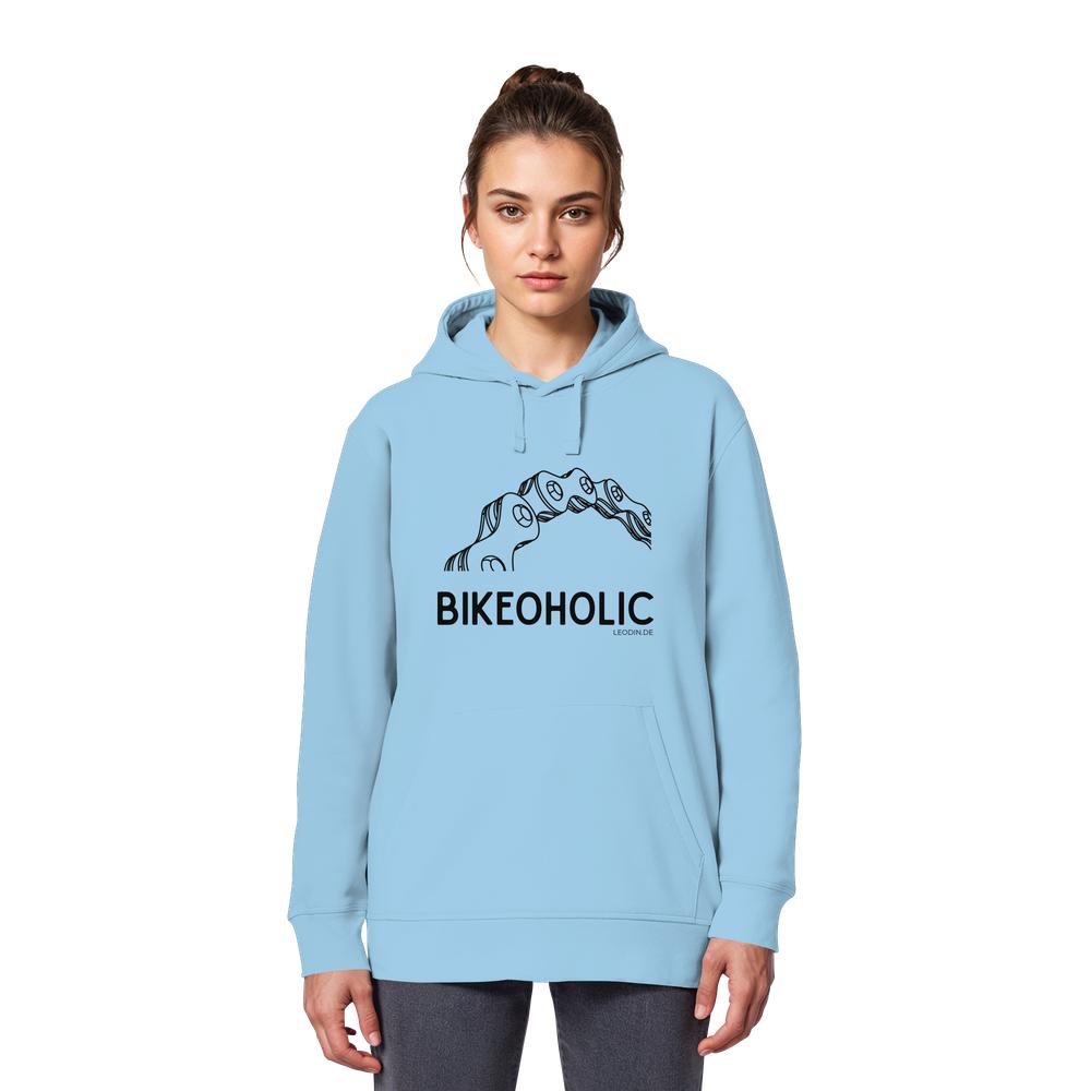 Weibliches Model trägt hellblauen Bike Hoodie mit minimalistischem Fahrrad Design