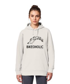 Weibliches Model trägt Vintage weißen Rennrad Hoodie unisex mit minimalistischer Fahrradgrafik