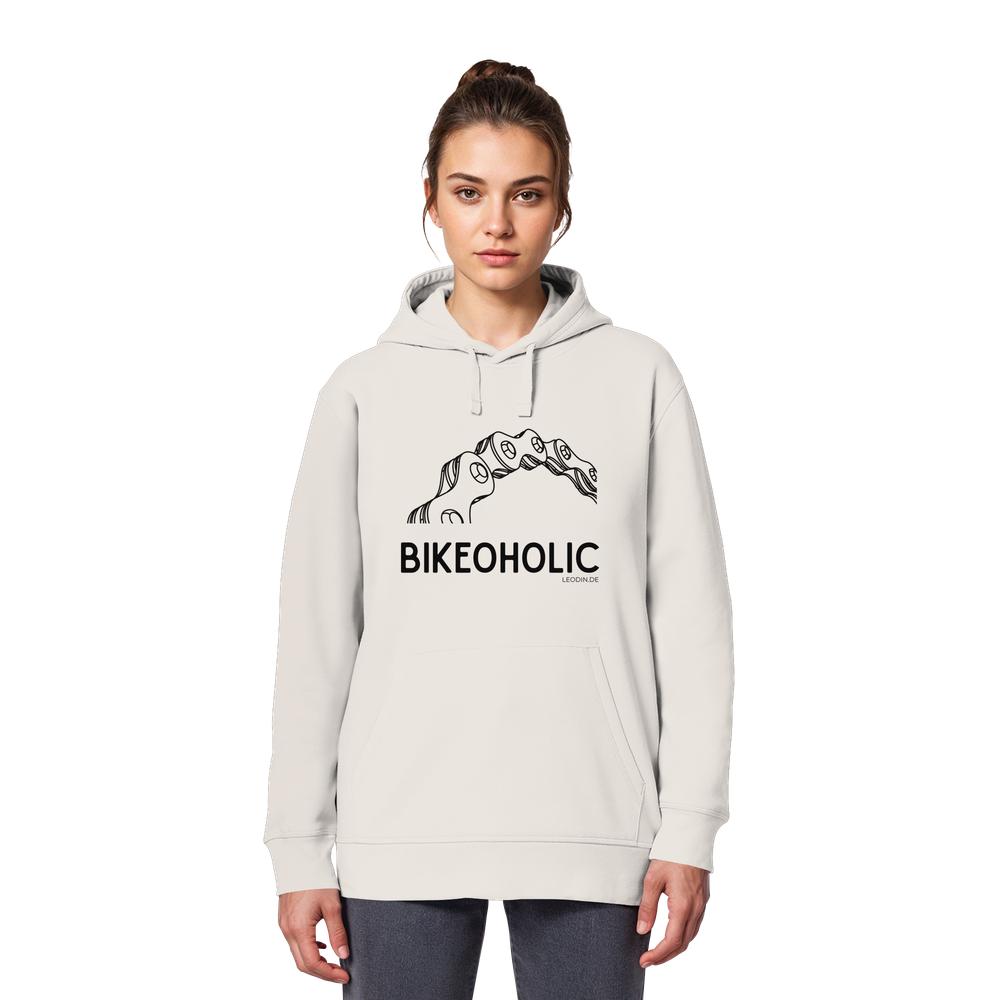 Weibliches Model trägt Vintage weißen Rennrad Hoodie unisex mit minimalistischer Fahrradgrafik