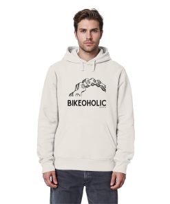 Männliches Model trägt Vintage weißen Rennrad Hoodie unisex mit minimalistischer Fahrradgrafik