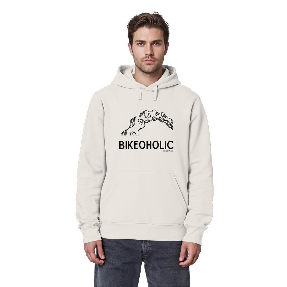 Männliches Model trägt Vintage weißen Rennrad Hoodie unisex mit minimalistischer Fahrradgrafik