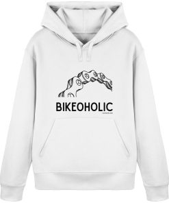 Weißer Bike Hoodie unisex mit minimalistischer Fahrradkette und „Bikeoholic“ Schriftzug