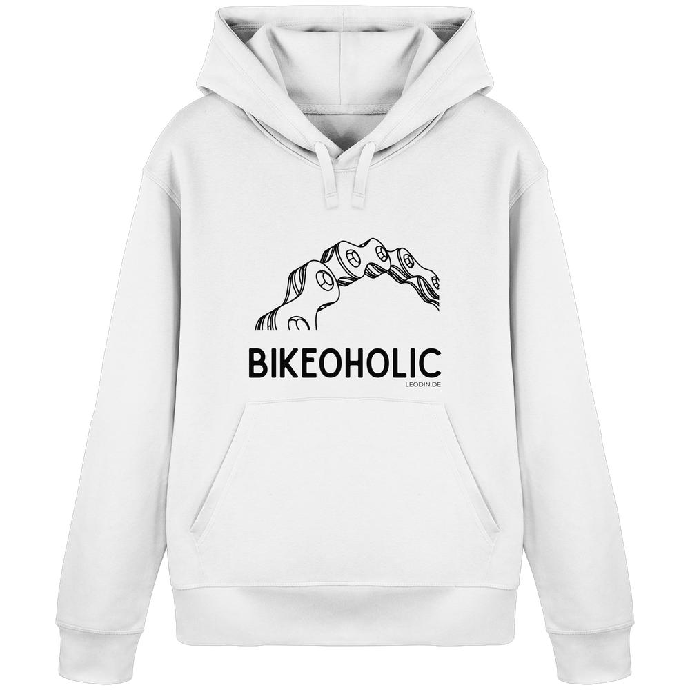 Weißer Bike Hoodie unisex mit minimalistischer Fahrradkette und „Bikeoholic“ Schriftzug