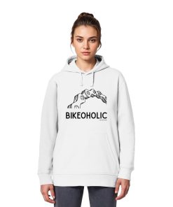 Weibliches Model trägt weißen Bike Hoodie unisex mit Fahrradkette und Bikeoholic Motiv