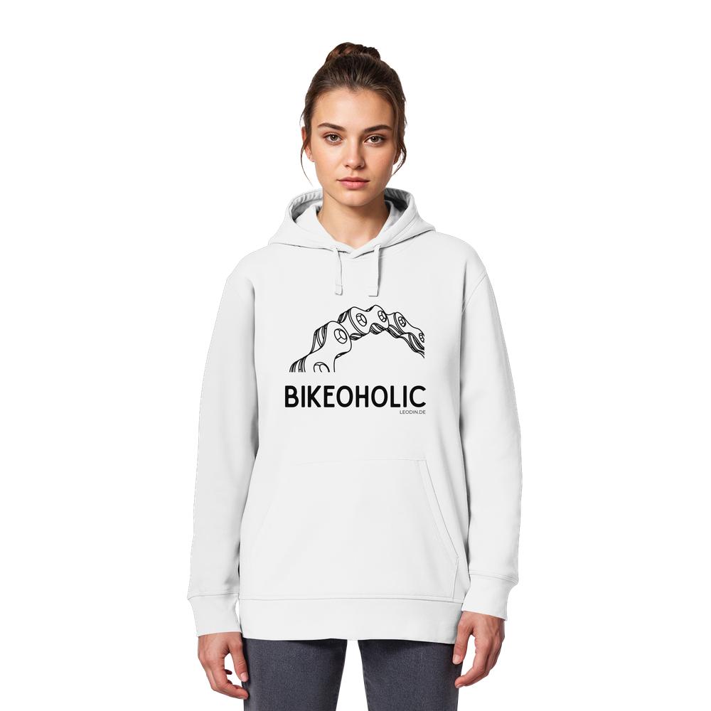 Weibliches Model trägt weißen Bike Hoodie unisex mit Fahrradkette und Bikeoholic Motiv