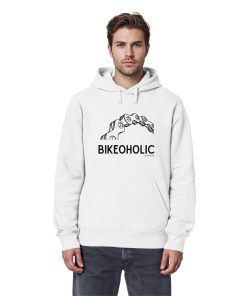 Männliches Model trägt weißen Bike Hoodie unisex mit Fahrradkette und Bikeoholic Print