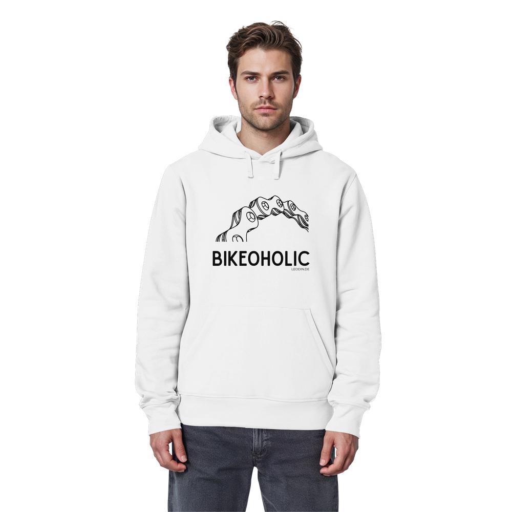 Männliches Model trägt weißen Bike Hoodie unisex mit Fahrradkette und Bikeoholic Print
