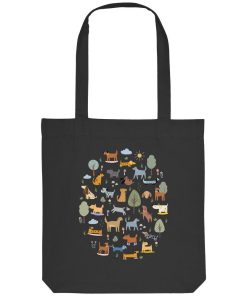 Schwarze Tote Bag mit buntem Hundeparadies-Motiv aus vielen kleinen Hunden