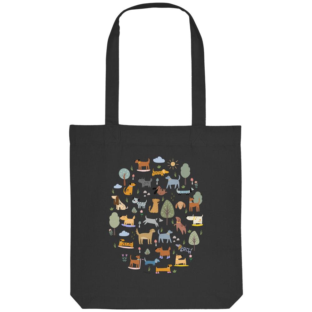 Schwarze Tote Bag mit buntem Hundeparadies-Motiv aus vielen kleinen Hunden