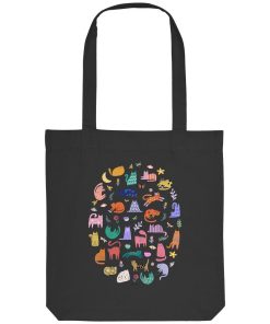 Schwarze Tote Bag mit buntem Katzenparadies-Motiv aus vielen kleinen Katzen