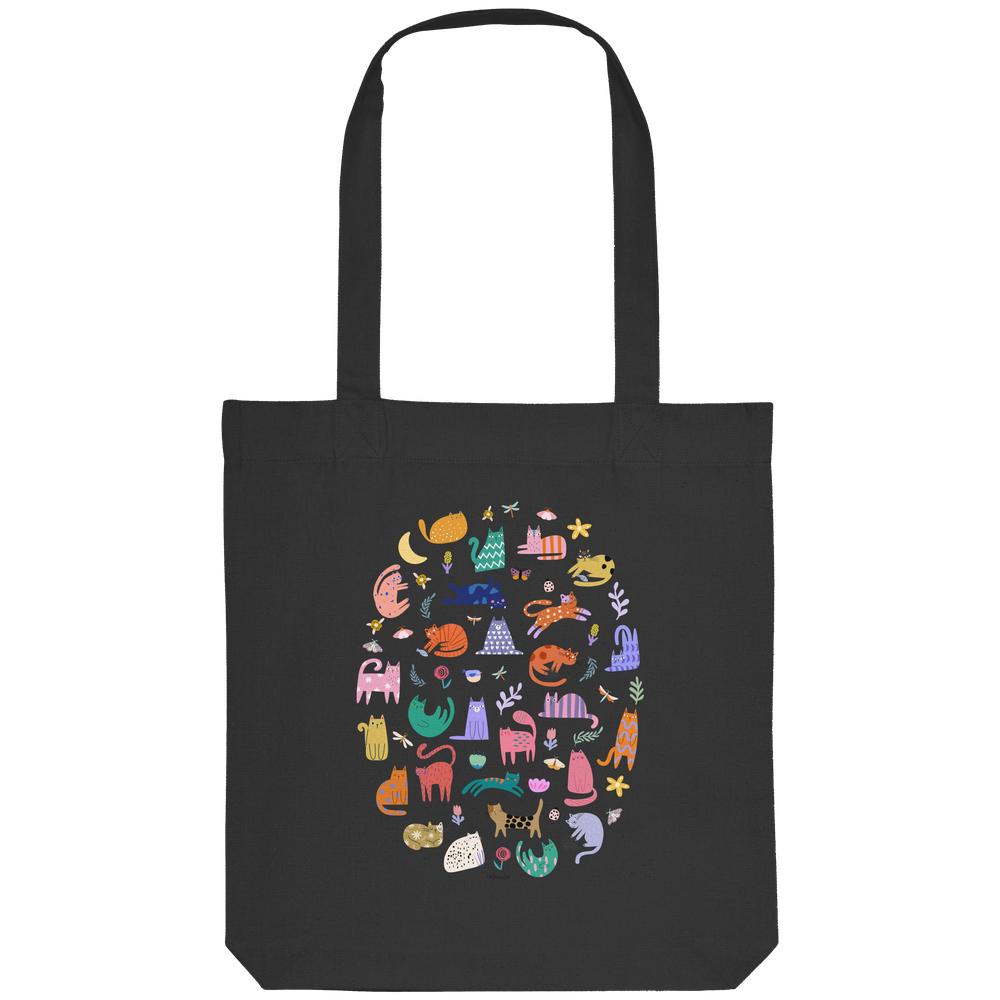 Schwarze Tote Bag mit buntem Katzenparadies-Motiv aus vielen kleinen Katzen