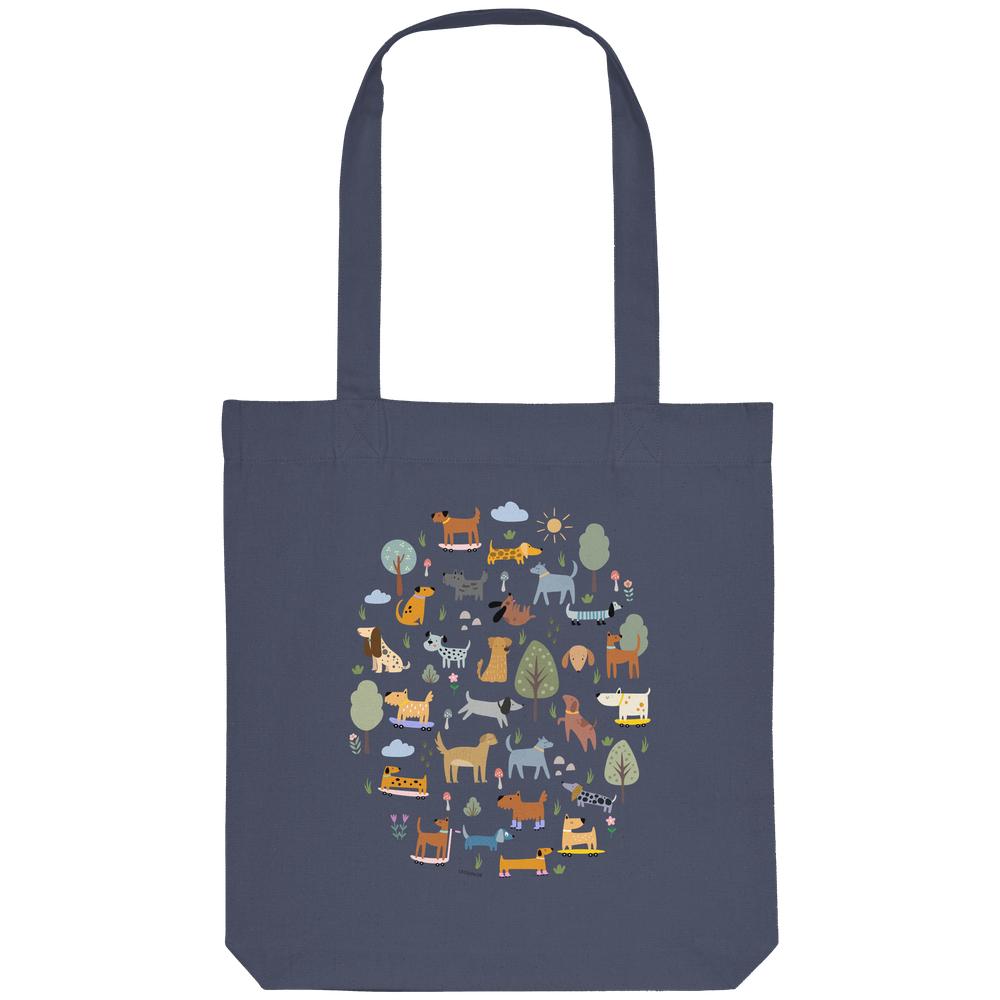 Dunkelblaue Tote Bag mit buntem Hundemotiv