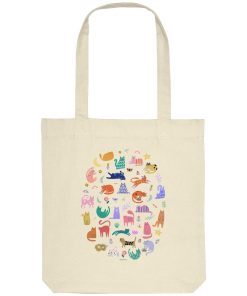Naturfarbene Tote Bag mit buntem Katzenparadies-Print