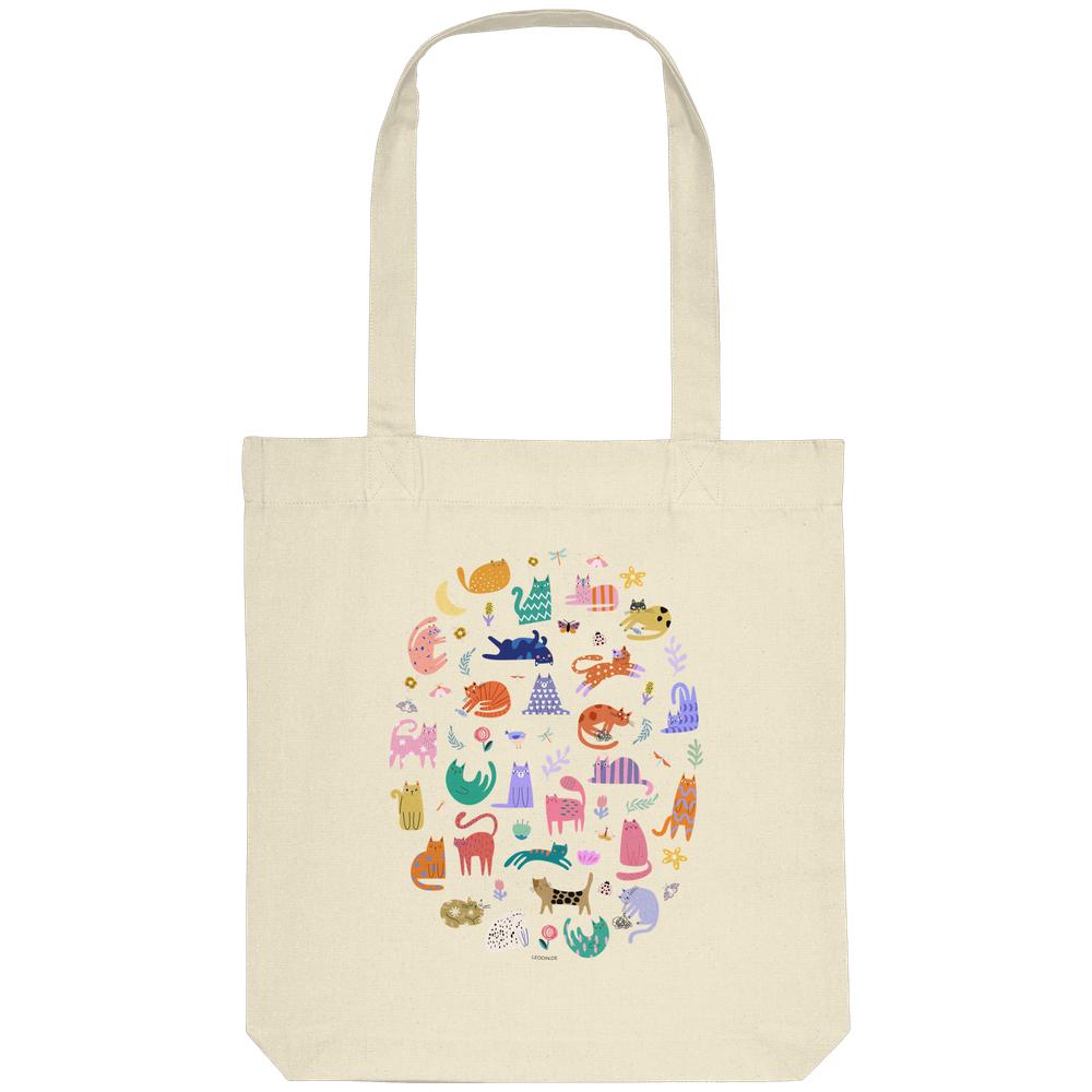 Naturfarbene Tote Bag mit buntem Katzenparadies-Print