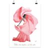 Handgemalte Aquarellillustration einer tanzenden Frau im roten Kleid mit dem Schriftzug „Follow the rhythm, not the rules.“ als hochwertiger Fine Art Print.