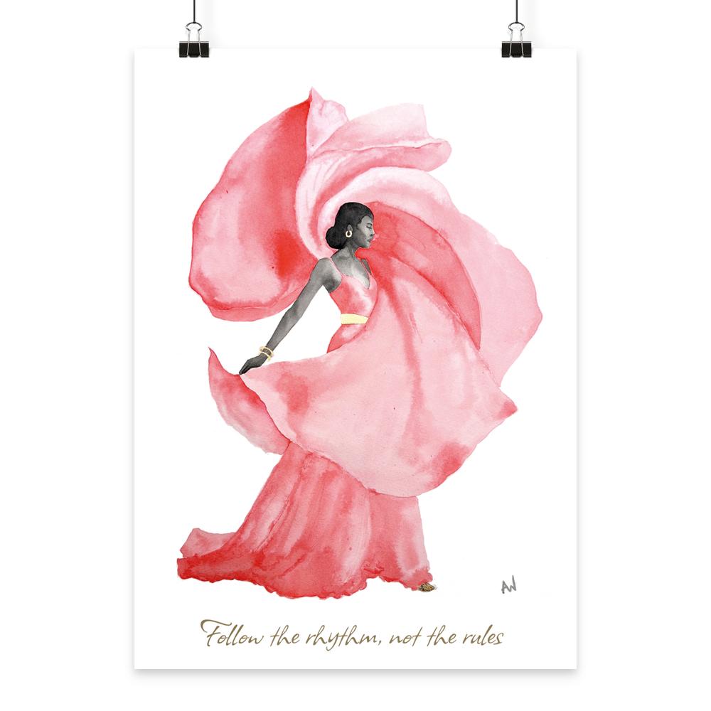 Handgemalte Aquarellillustration einer tanzenden Frau im roten Kleid mit dem Schriftzug „Follow the rhythm, not the rules.“ als hochwertiger Fine Art Print.