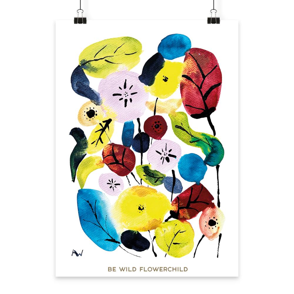 Be Wild Flowerchild floraler Aquarell Artprint mit abstrakten Blumenformen von LEODIN