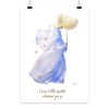 Handgemalte Aquarellillustration eines schwebenden blauen Kleides mit filigraner Blüte und goldenen Akzenten sowie dem Schriftzug „Leave a little sparkle wherever you go“ als Fine Art Print.