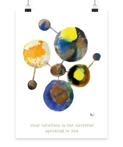 Handgemalter Fine Art Print mit abstrakten Aquarellformen in Blau, Gelb, Gold und Erdtönen sowie dem Schriftzug „Your intuition is the universe speaking to you“.