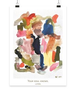 Abstrakte handgemalte Aquarellkomposition mit natürlichen Farbtönen und dem Schriftzug „Your Soul Knows. Listen.“ als hochwertiger Fine Art Print.
