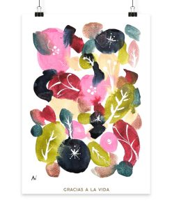 Handgemalte florale Aquarellillustration mit abstrakten Blüten in Rosa-, Grün- und Dunkelblautönen sowie dem spanischen Spruch „Gracias a la vida“ von LEODIN.