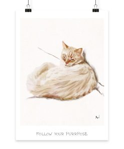 Digitale Katzenillustration „Follow your Purrpose“ von LEODIN als moderner Fine Art Print mit humorvoller Botschaft.