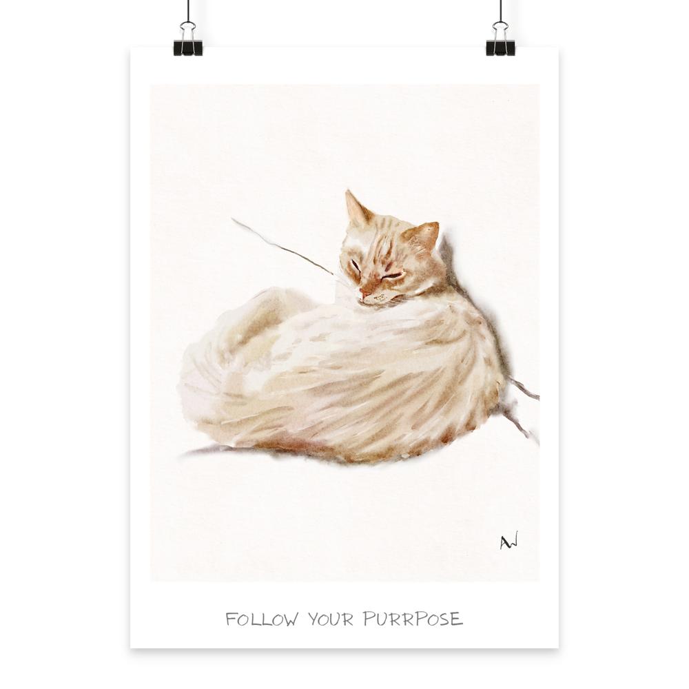 Digitale Katzenillustration „Follow your Purrpose“ von LEODIN als moderner Fine Art Print mit humorvoller Botschaft.