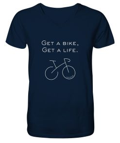 Rennrad T-Shirt Herren V-Ausschnitt in Navy mit „Get a bike Get a life“ Spruch und minimalistischer Fahrradgrafik