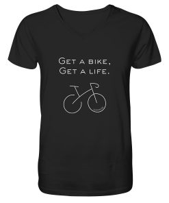 Schwarzes Rennrad T-Shirt für Herren mit V-Ausschnitt und Bike Statement „Get a bike Get a life“