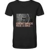 Schwarzes Bike Shirt mit V-Ausschnitt und „Great Minds Ride a Bike“ Fahrradmotiv