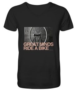 Schwarzes Bike Shirt mit V-Ausschnitt und „Great Minds Ride a Bike“ Fahrradmotiv