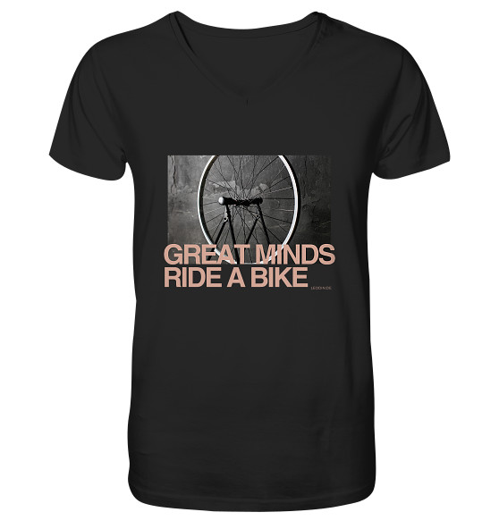 Schwarzes Bike Shirt mit V-Ausschnitt und „Great Minds Ride a Bike“ Fahrradmotiv