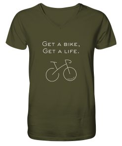 Khaki grünes Fahrrad T-Shirt Herren mit V-Ausschnitt und dezentem Rennrad Design