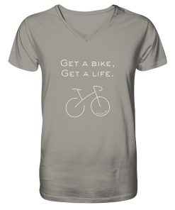 Hellgraues Rennrad Shirt Herren V-Ausschnitt mit Bike Spruch und Line Art Fahrrad