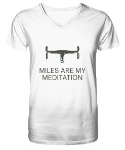 Weißes Cycling T-Shirt Herren V-Ausschnitt mit „Miles are my meditation“ Schriftzug und minimalistischem Rennradlenker