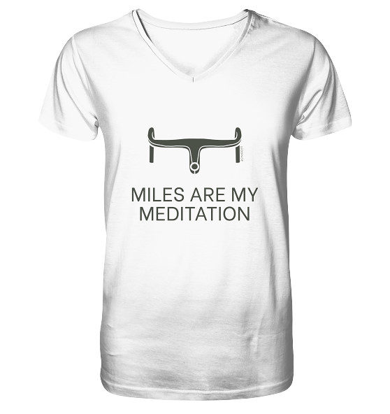 Weißes Cycling T-Shirt Herren V-Ausschnitt mit „Miles are my meditation“ Schriftzug und minimalistischem Rennradlenker