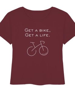 Bordeauxfarbenes Rennrad T-Shirt Damen Bio mit „Get a bike Get a life“ Spruch und minimalistischer Fahrradgrafik